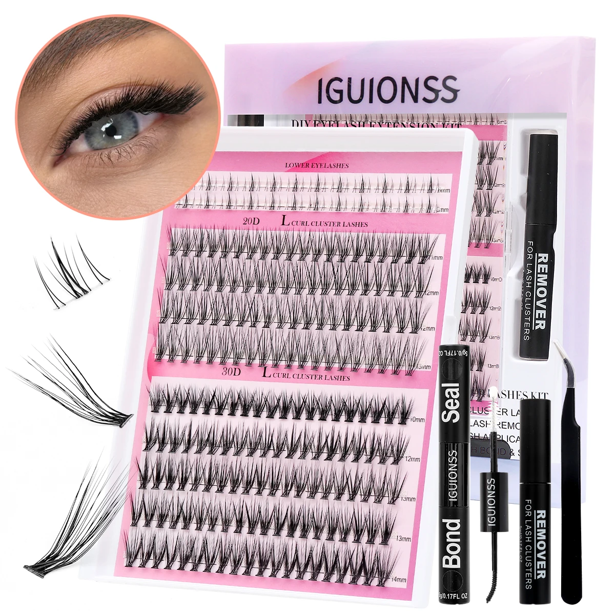 IGUatine-Kit de Cils SS, Pincettes à Colle L Curl pour Enlever la Colle des Cils, Grande Capacité