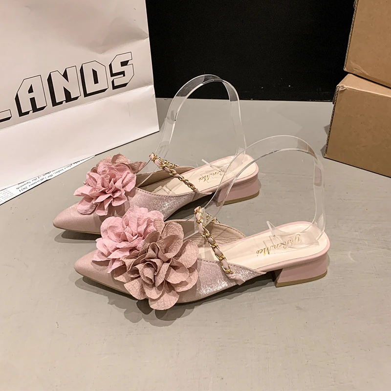 كتلة اللون زهرة عالية الكعب النعال موضة أنيقة مدبب تو كعب سميك النعال الصلبة القوس الصيف الفاخرة أحذية نسائية #6