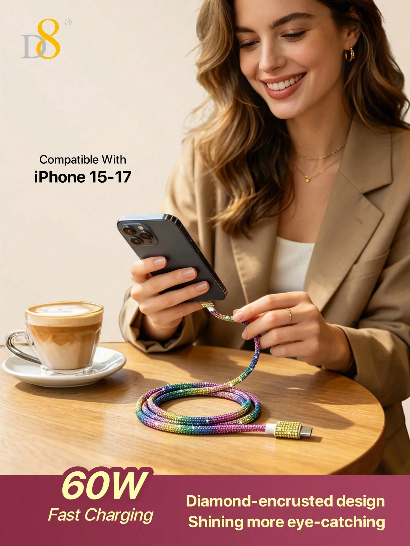 D8 60W Type-C Colorful Diamond Fast Charging Data Cable, Shining Glitter Bling Crystal Design, 20V/3A High Power Quick Charge, W