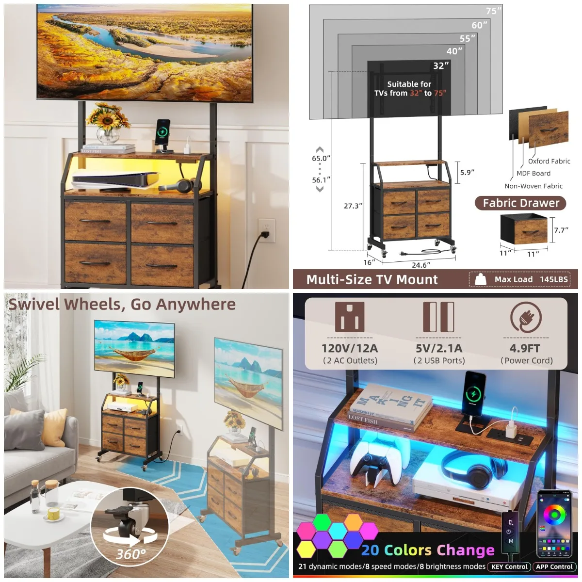 

Rolling TV Stand with Mount & 4 Drawers, 32-75' TV Console with Wheels, Modern Rustic Brown Storage Entertainment Center