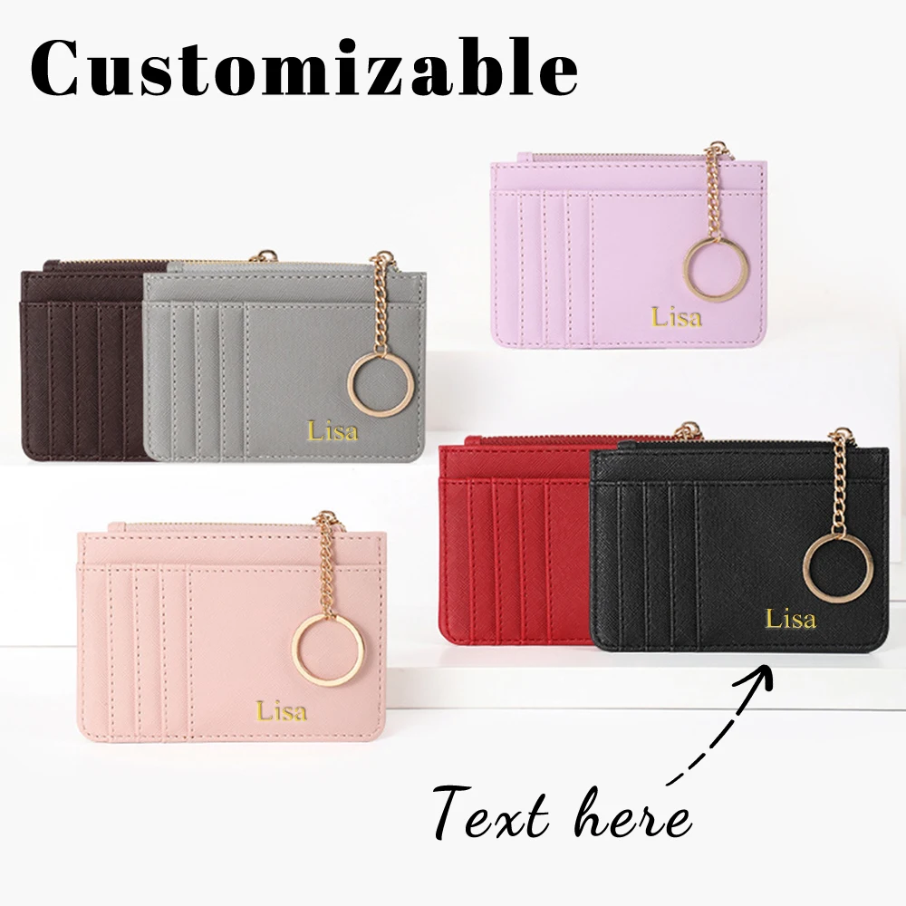 Customized Letter PU Leather Zipper Coin Wallet and Key Ring Mini Key Chain Small Wallet Multi-Slot Ladies' Card Case