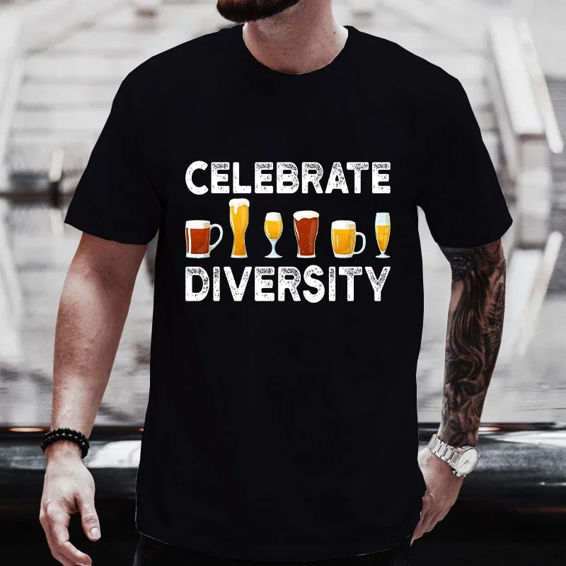 

T-shirt for Men Celebrate Diversity Beer Graphic Y2k Clothing Tops Friends Drinker Lover Weekend Party Tees Oversized Streetwear