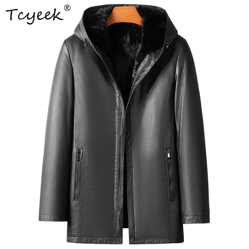 

Tcyeek Мужская куртка из натуральной кожи средней длины из меха норки интегрированная осень-зима с капюшоном черная куртка средней длины Куртка Кожаная Мужская