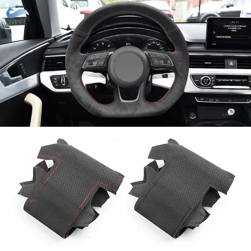 For Audi A3 8V/8Y S3 A4 B9/8W S4 A5 8W6 S5 Q2 SQ2 2019-2022 Hand-stitched Suede Leather Car Interior Steering Wheel Cover Trim