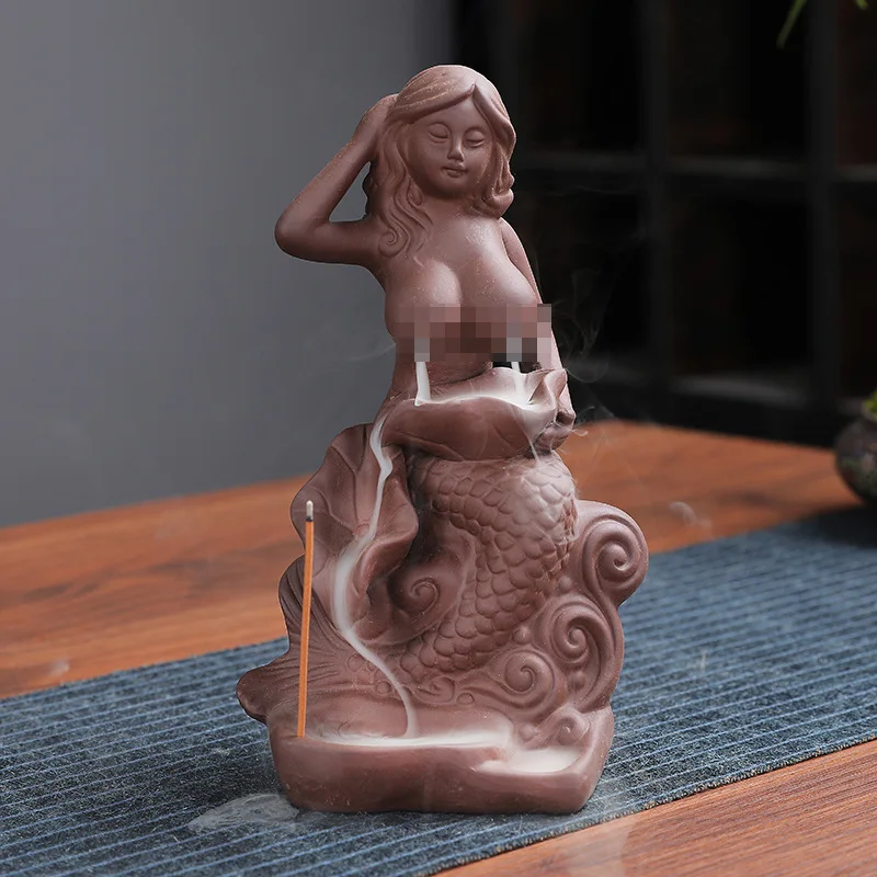 Purple Clay Backflow Mermaid Sandalwood Stick Aromatherapy Incense Burner Housewarming Gift Office One Pi
