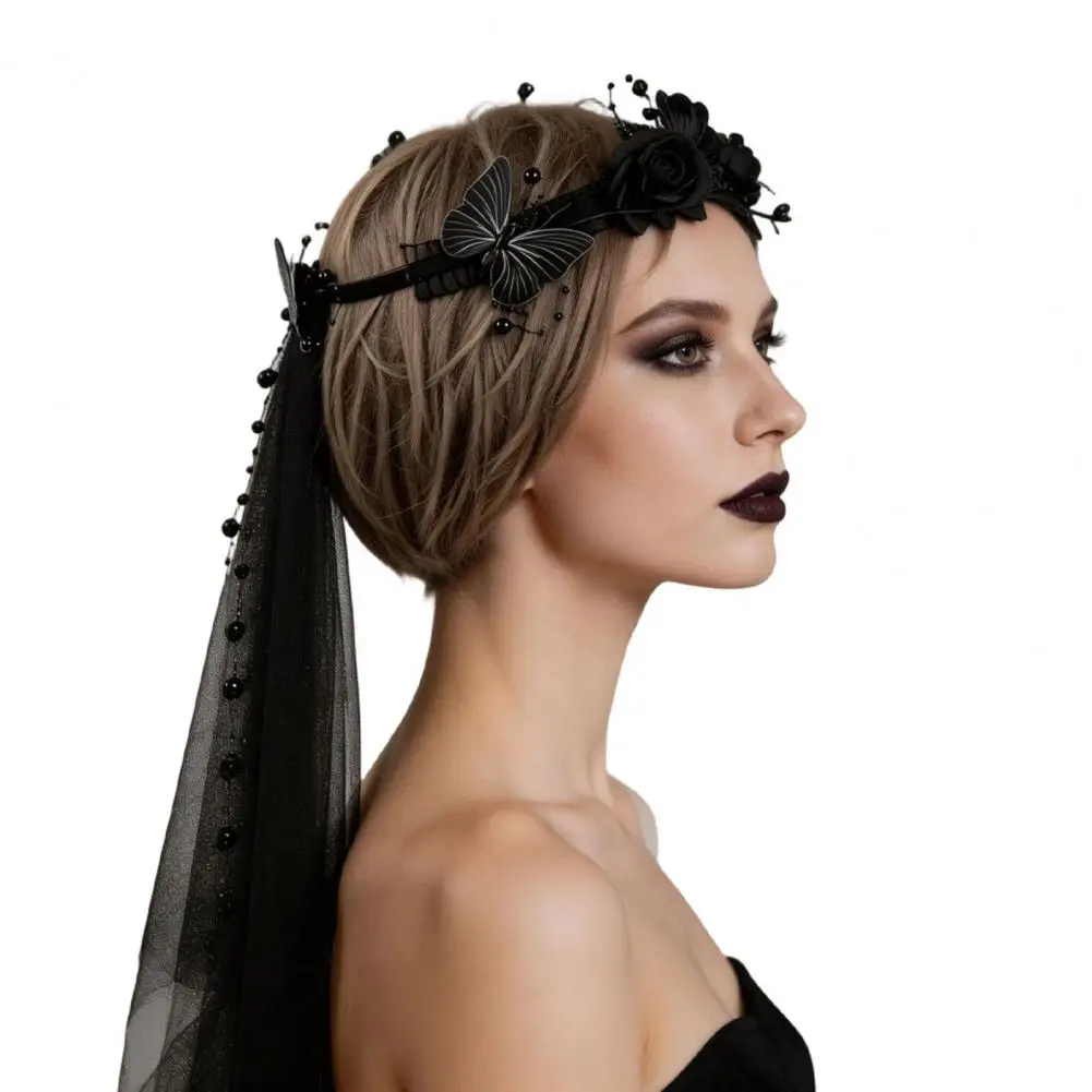Black Bead Embellished Headband, Hair Hoop with Beaded Mesh for Halloween Ghost Bride Dark Bride Cosplay Photo Shoot Accessory