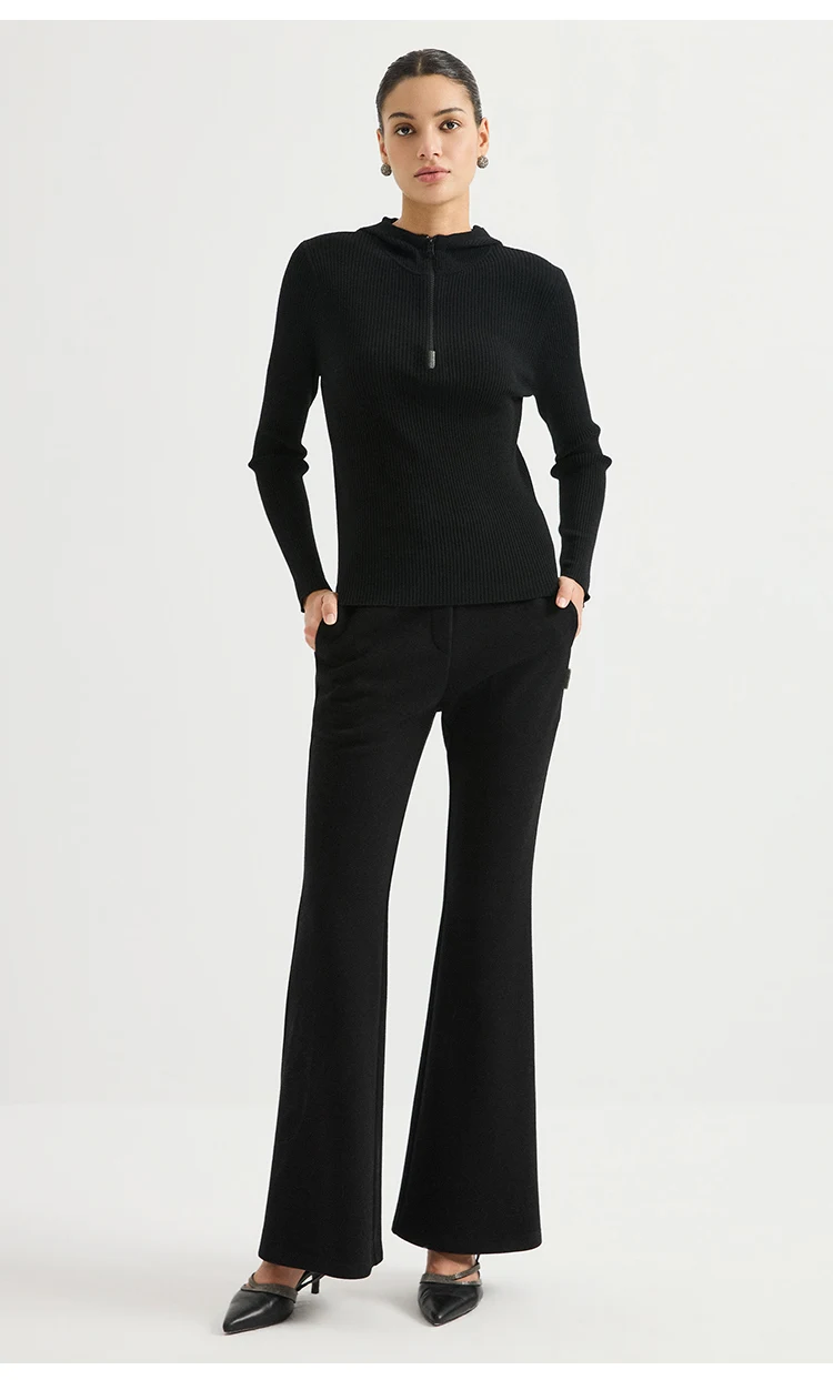 BY4621718 Damen-Kapuzenpullover mit halbem Reißverschluss, 100% Wolle, breiter Rippstrick, lange Ärmel, Diamantketten-Emblem, schmale Passform, dezenter Luxus für den Herbst – Detail 12