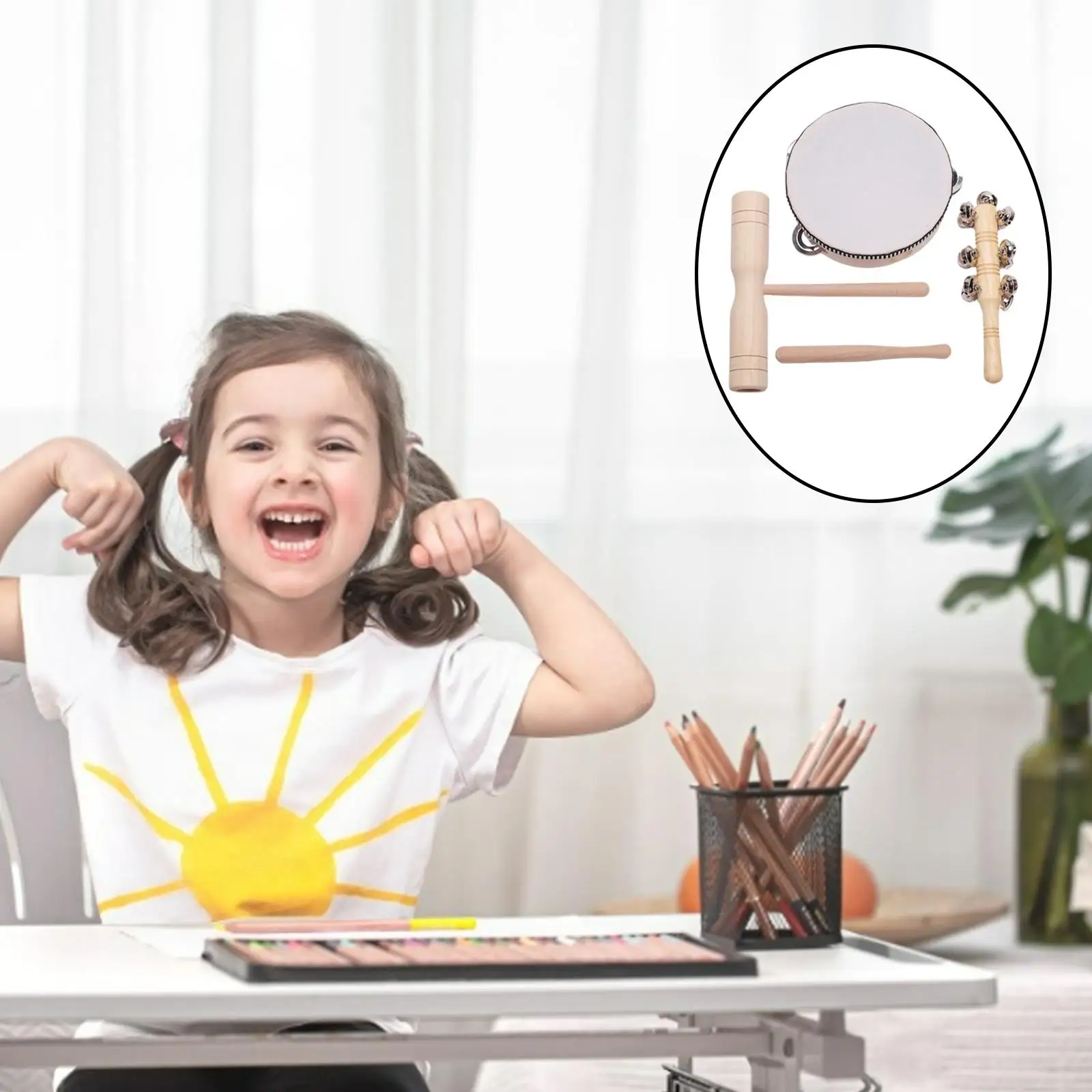 Wooden Musical Instruments for Toddlers Kids Montessori Toys 1 2 3 Year Old with Tambourine Drum Triangle Rhythm Sticks Set