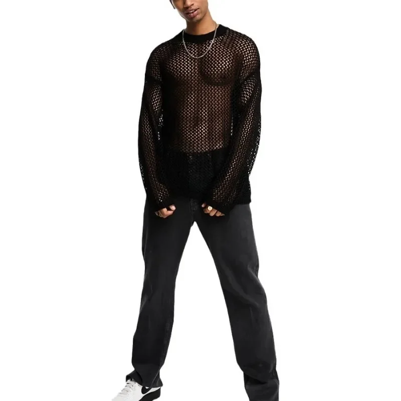Mens Base Shirt Grid Sunscreen Long Sleeved Shoulder Drop Transparent T-shirt Woven Top Hollowed Out Knitted T-shirt for Men