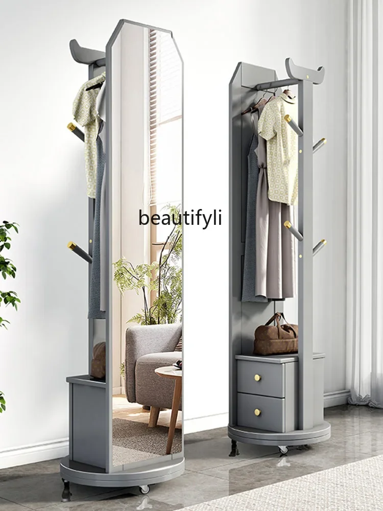 Clothes Rack Floor Bedroom and Modern Light Luxury Rotatable Dressing Mirror Integrated Solid Wood Coat and Hat Rack with Drawer