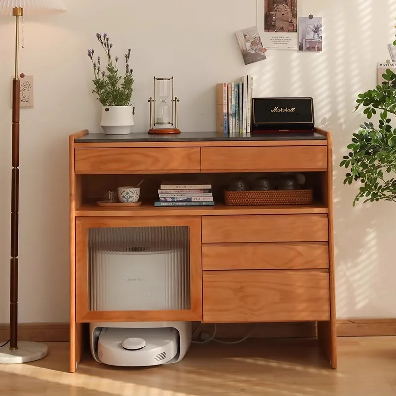 Nordic small apartment solid wood chest living room rock slab coffee water bar simple sweeping robot storage cabinet