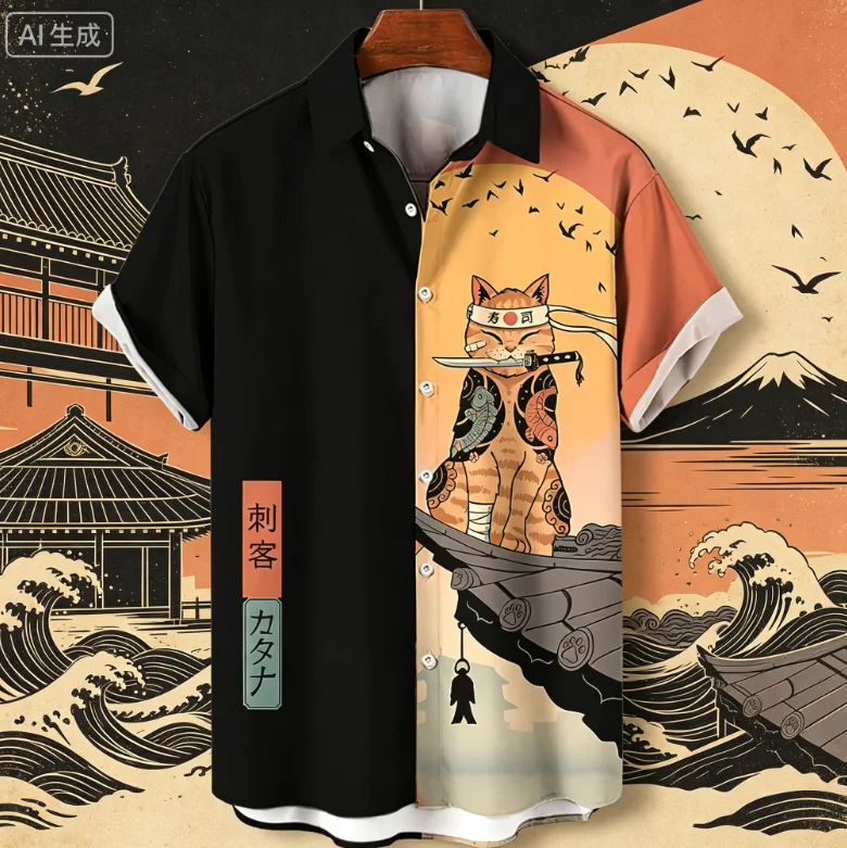 Casual Hawaiian Shirt Man Japanese Bushido 3d Pattern Men's Shirts Cartoon Animal Cat Printing Men Clothing