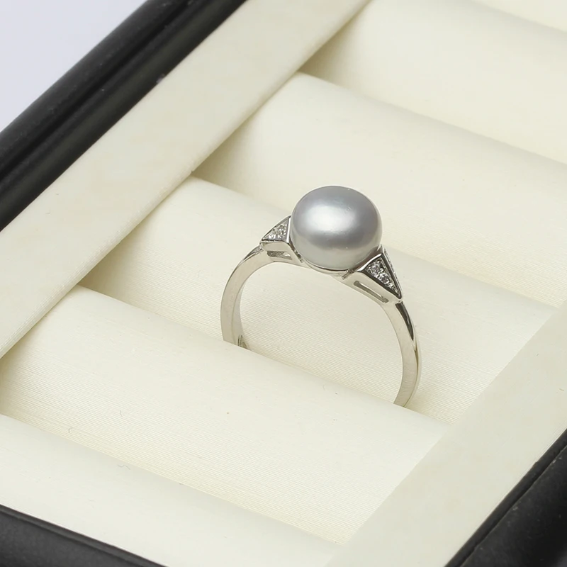 Freshwater Pearl Rings For Women,Cubic Zircon 925 Silver Open Pearl Ring Adjustable Mom Wife Birthday Gift Black