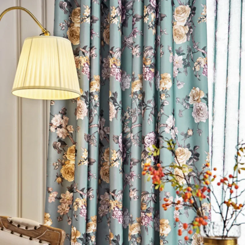 

Pastoral Cotton Flowers Floor Ceiling Bedroom Curtain Splicing Festive Treasure Blue Window Curtain Simple High-grade Curtains