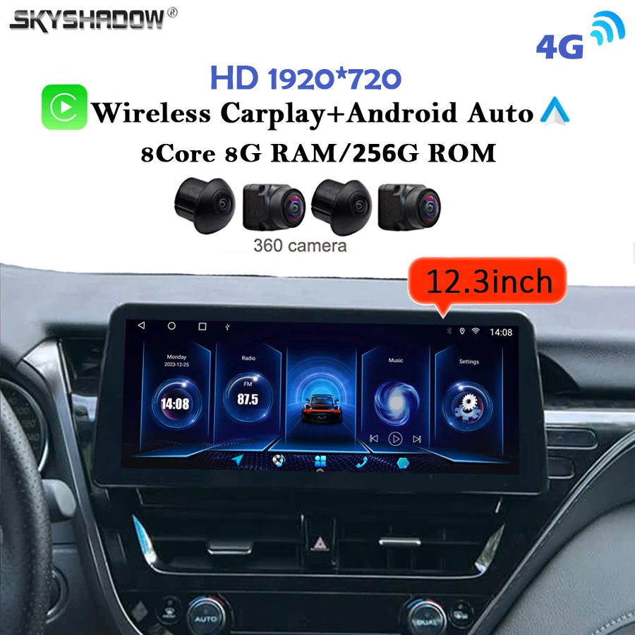 QLED 1920*720 4G LTE 360 Carplay Auto Android 14.0 8G+256G Car DVD Player GPS WIFI Bluetooth Radio For Toyota Camry 2021 - 2024