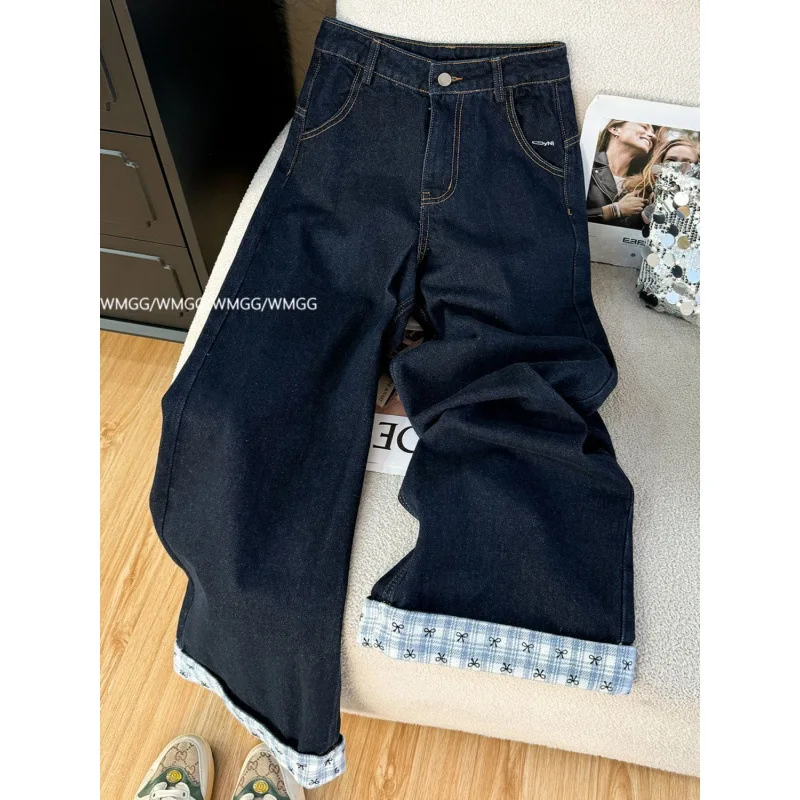 Women Dark Blue Baggy Jeans High Waist Cuffed Hem Plaid Inner Lining Y2K Wide Leg Denim Pants