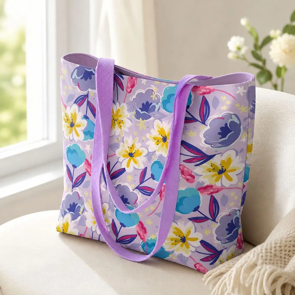 Durable Floral Canvas Bag Reusable Lightweight Shoulder Bag Versatile Large Capacity Lunch Bag Women's Accessories