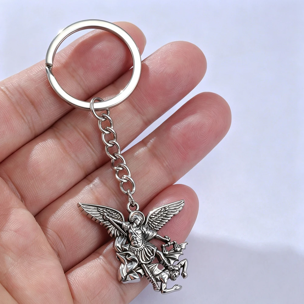 Vintage Archangel Michael Keychain Bag Accessories Patron Saint Michael Pendant Keyring Stainless Steel Solomon Jewelry