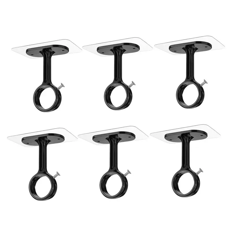 A84X-Heavy Duty Ceiling Mount Rod Brackets 6 Pack No Drill, Adjustable Hooks Self Adhesive Holders Black