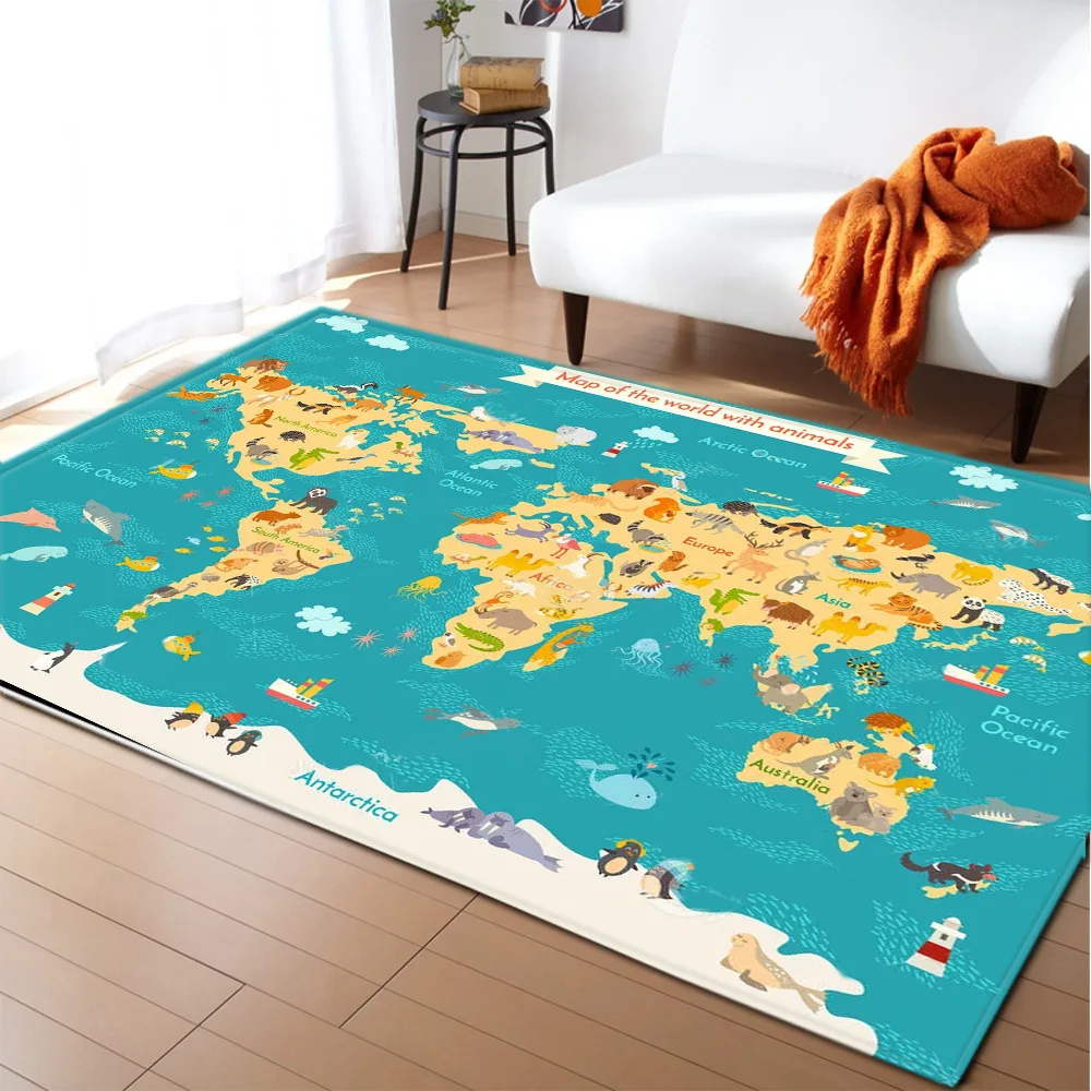 Map Of The World With Animals Pattern Carpets for Living Room Bedroom Bedside Sofa Area Rugs Cartoon 3D Printing Child Game Mats