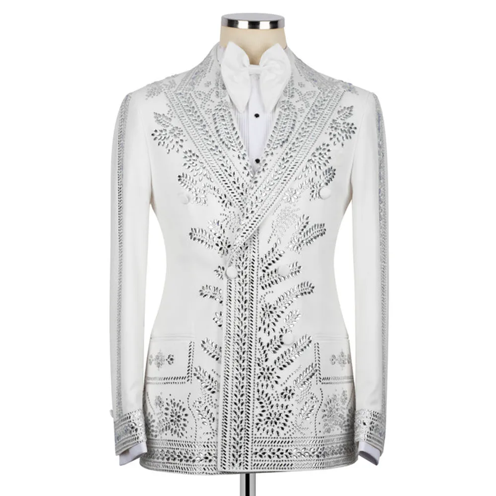 الحصري مجوهرات الأحجار مطرز الدعاوى الرجال سليم صالح مزدوجة الصدر سترة السراويل 2 قطعة مجموعة العريس مأدبة الزفاف البدلات الرسمية 2026 #2