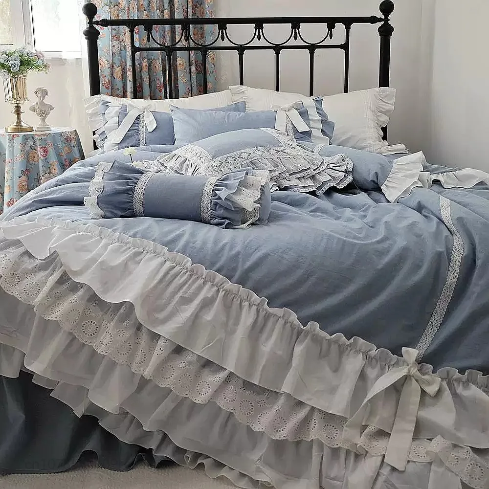 Korean Princess Style Solid Color Lace Ruffle Cotton Bed Skirt 4Pcs Bedding Set