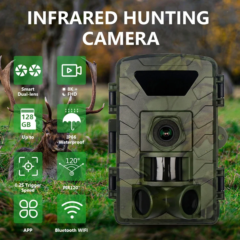 

PR803W Wifi Trail Camera 8K HD Videos 60MP Photos -2inch LCD,Night Vision,WiFi APP Control,IP66 Waterproof for Hunting