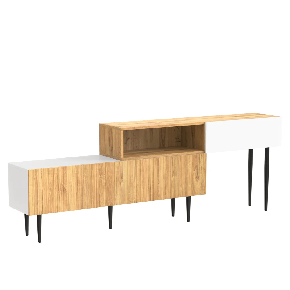 Moderner TV-Schrank mit verstellbarer Länge, Holzoptik + weiß matt, schwarze Metallbeine, multifunktionale Wohnzimmermöbel – Detail 19