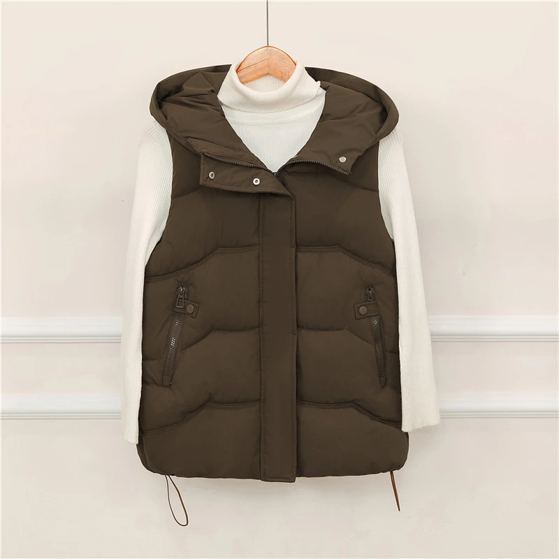 Otoño Invierno nuevo chaleco corto de algodón chaquetas de mujer con capucha chaleco sin mangas bolsillos sólidos cremallera sólido suelto Casual prendas de vestir