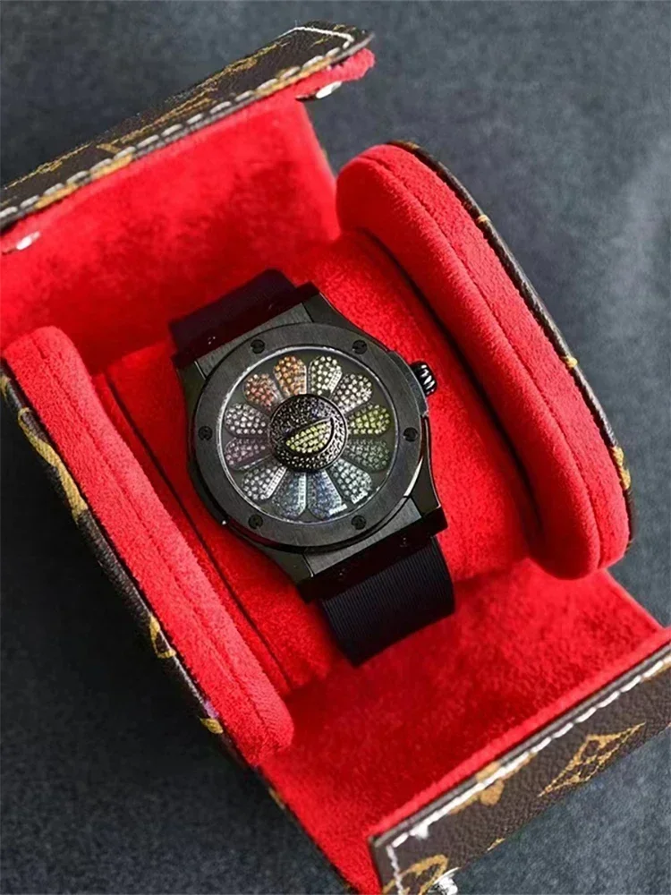 Reloj Mecánico de esfera grande con cristal de zafiro de diamante de colores, resistente al agua y a la moda, reloj circular de goma neutra