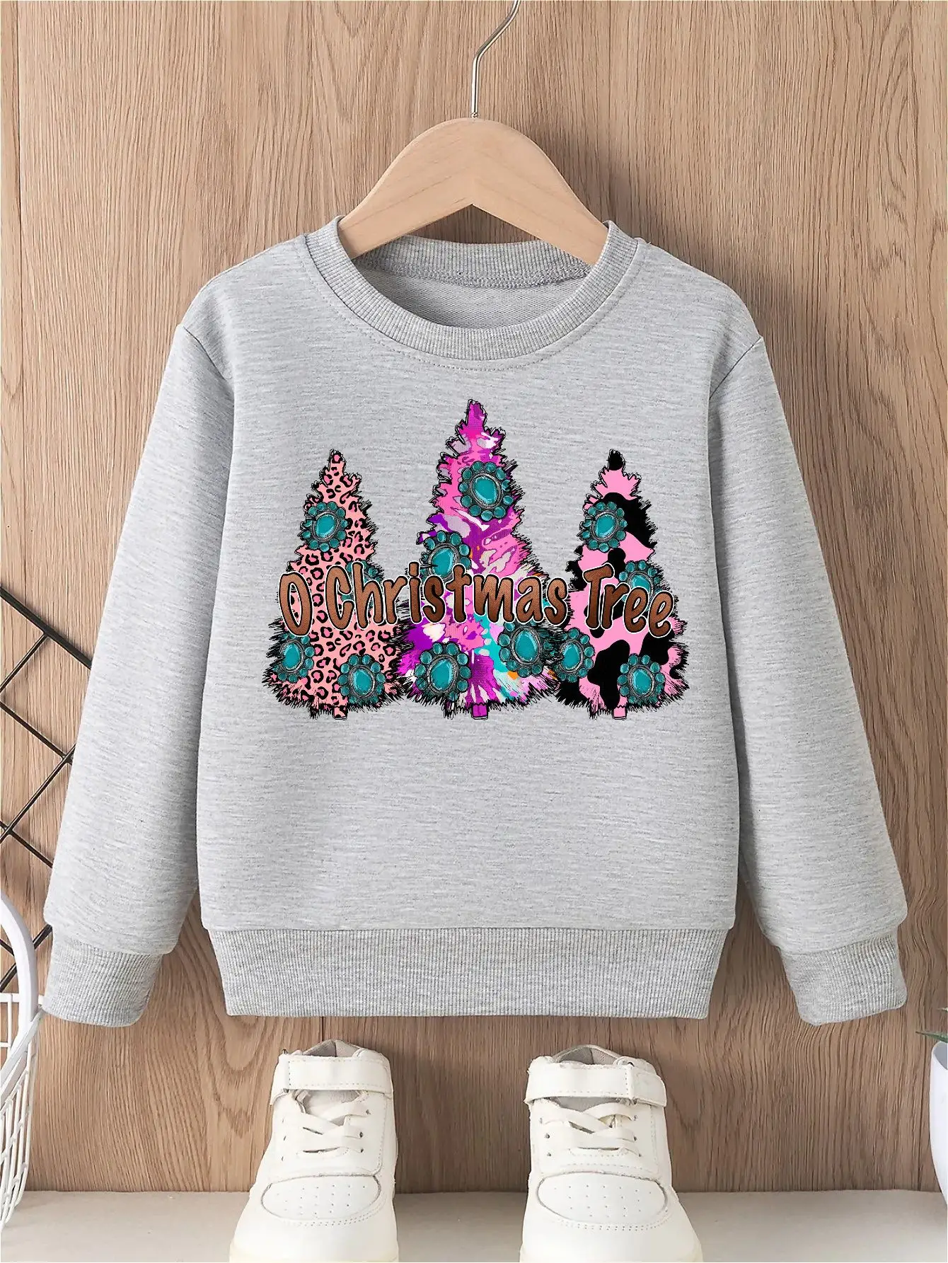 

Толстовка с леопардовым узором «Рождественская елка» для девочек без шапки, детские топы, мягкий круглый вырез