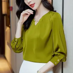 Casual Stylish Loose Solid Color V-Neck Blouse Female Clothing Chic Pearl Beading All-match Button Spring Autumn Folds Shirt New