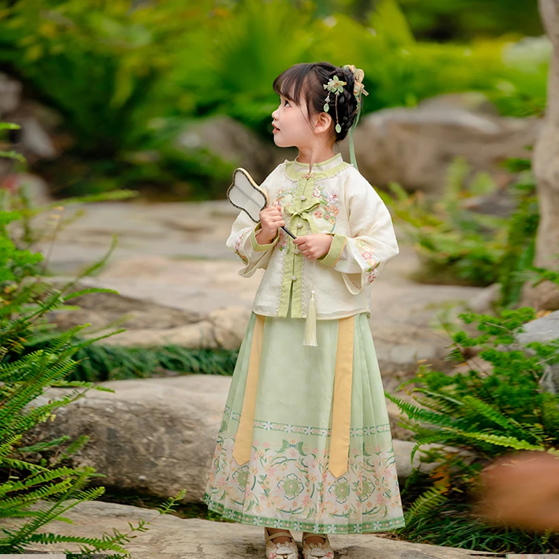 Vestido de primavera hanfu para crianças, estilo antigo bebê, feito Ming, colarinho em pé, conjunto de duas peças, menina, saia longa