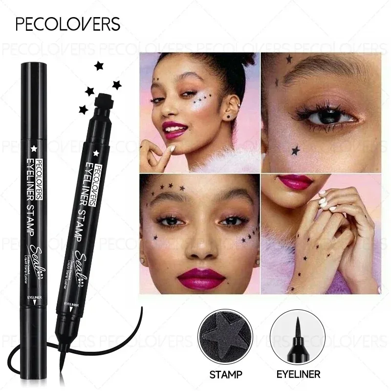 1 szt. Czarny eyeliner w płynie odporny na pot, eyeliner w płynie 2w1 z aplikatorem w kształcie stempla, odporny na rozmazywanie, zawiera różnorodne wzory