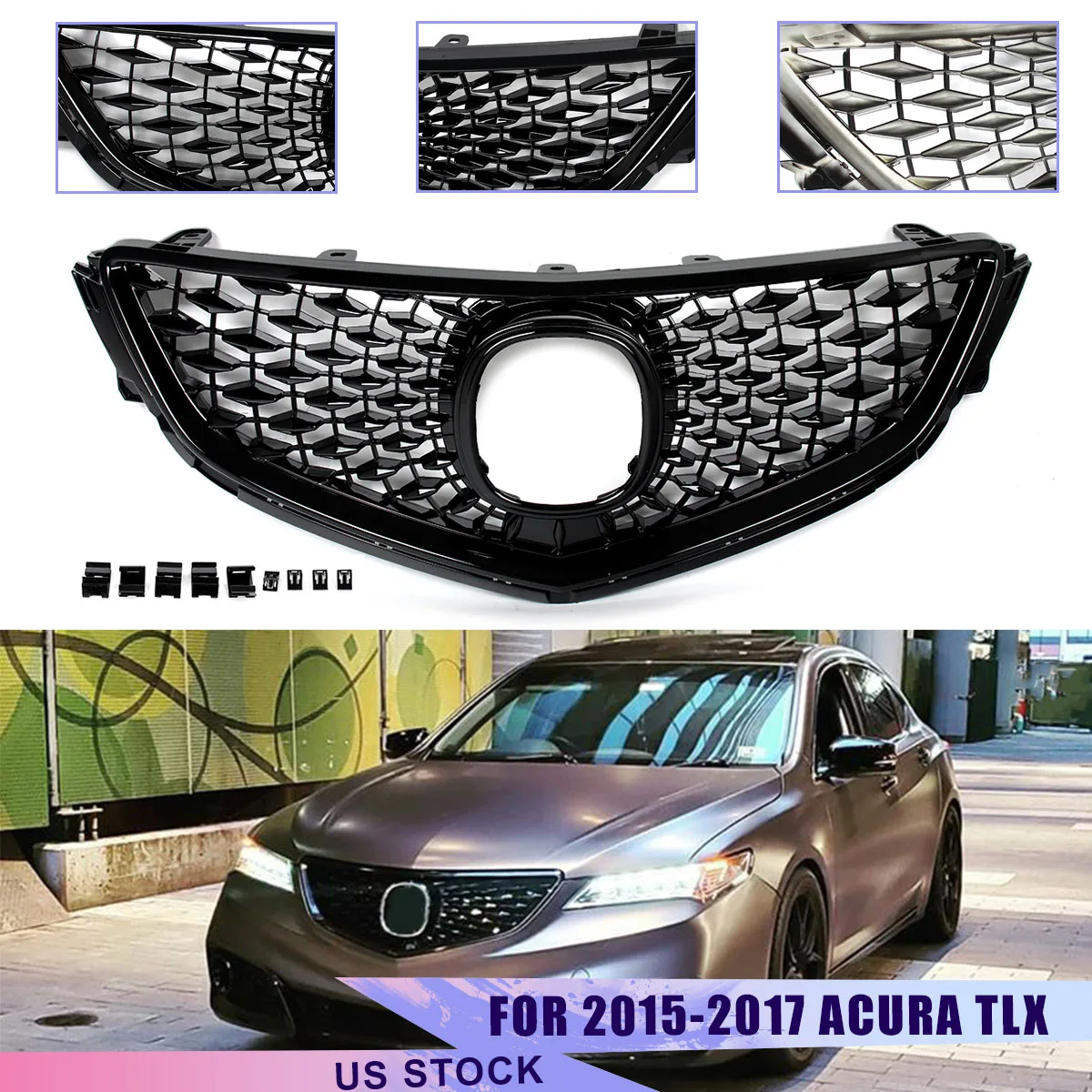 For 2015-2017 Acura TLX 2018 Style Glossy Black Front Bumper Upper Grille Air Inlet Grill Auto Hood Grills Exterior Accessories