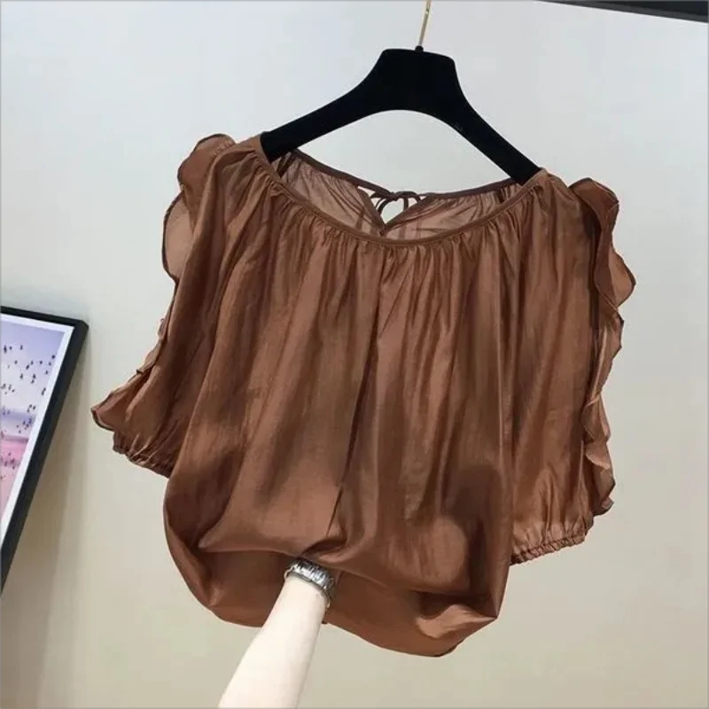 Casual Solid Color Ruffles Spliced Cut Out Blouse Stylish Off Shoulder Women's Clothing Round Neck Summer All-match Loose Shirt