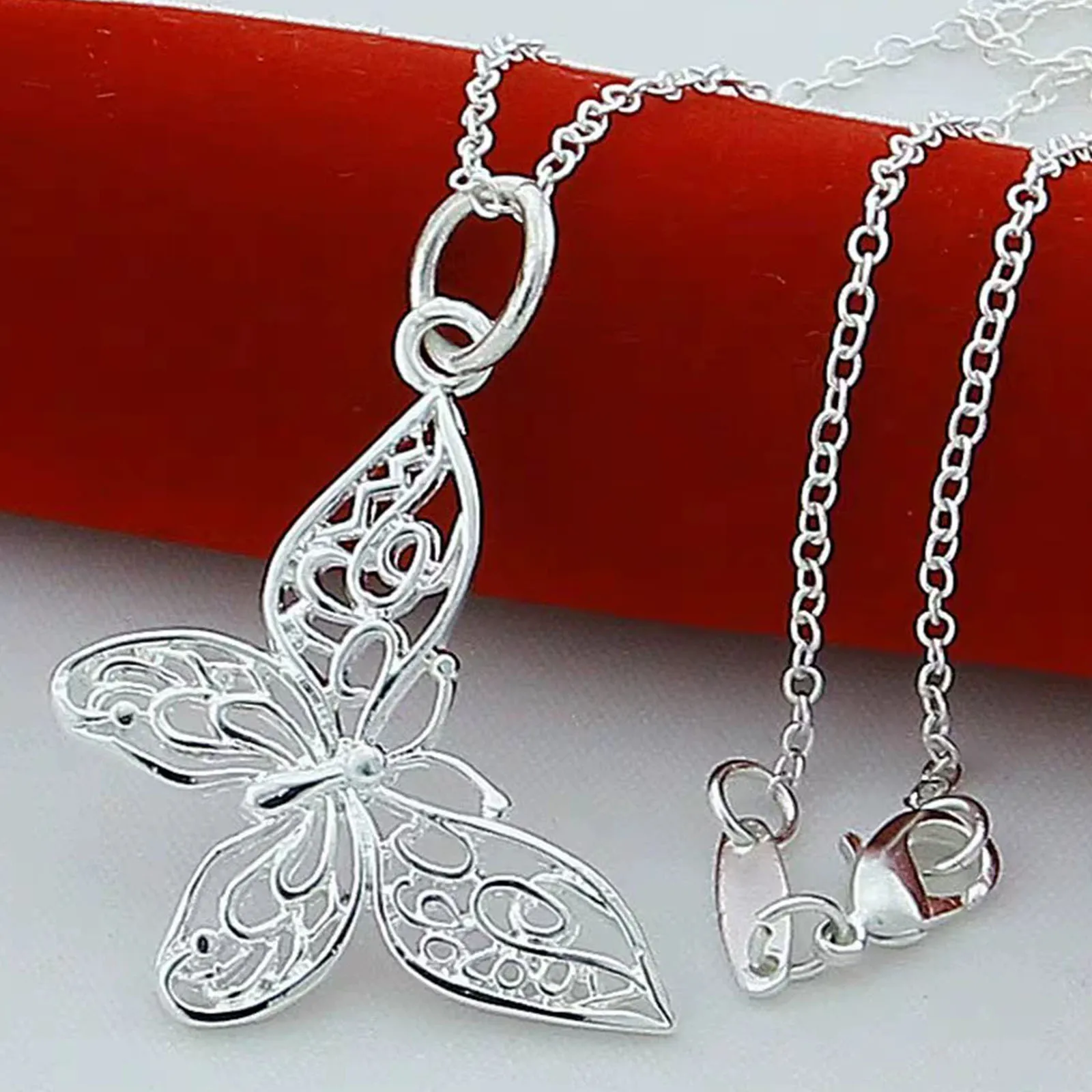 

925 Sterling Silver Butterfly Pendant Necklace Snake Chain For Women Wedding Engagement Jewelry