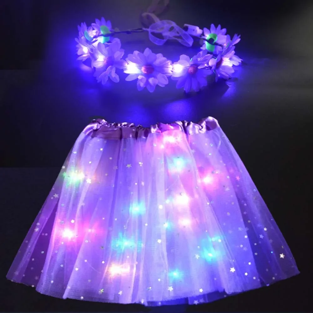 Glow Light LED Girl Kids Star Tutu Skirt Birthday Gift Party Child Dance Flower Wreath Cosplay Wedding Festival