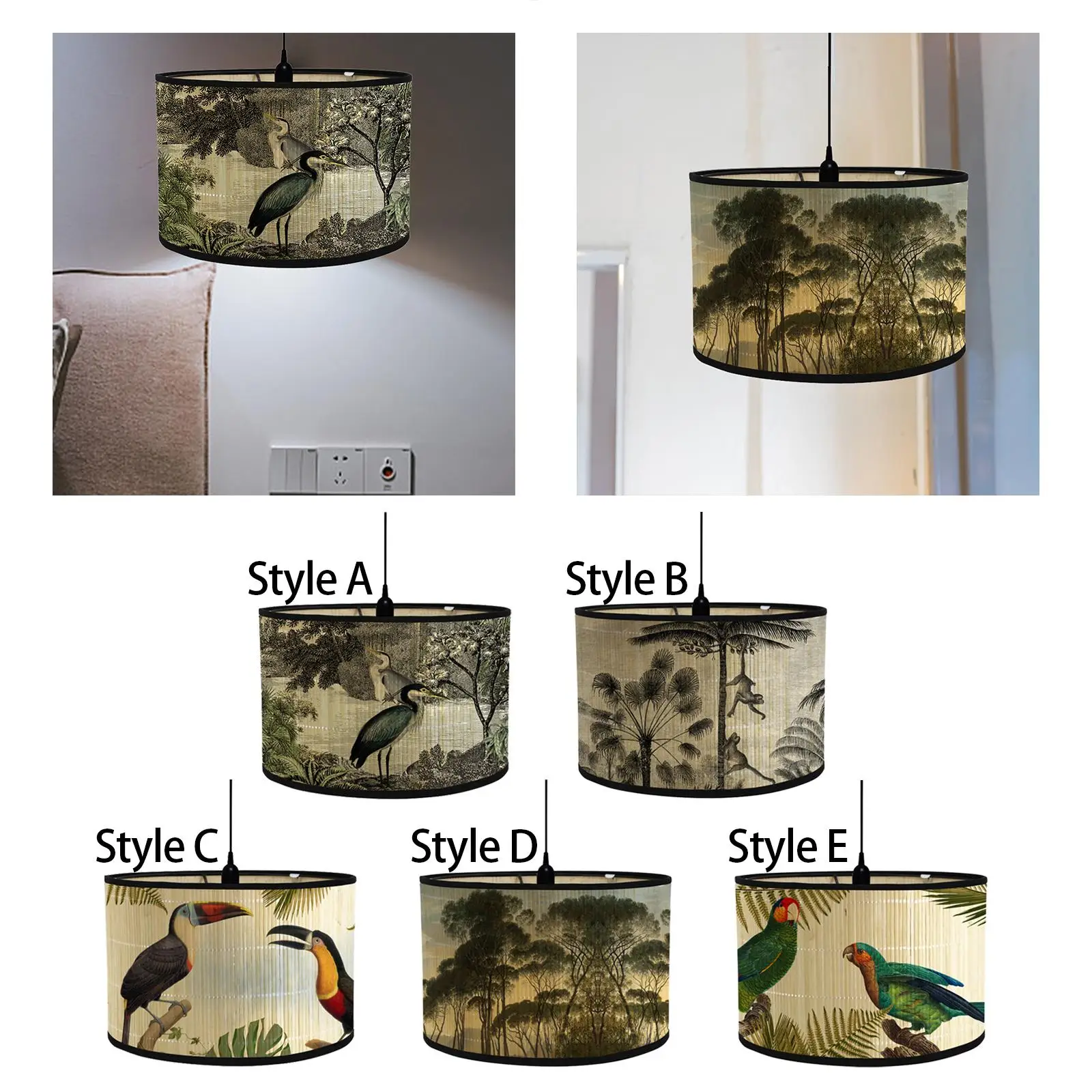 Retro Drum Lamp Shade Bamboo Lampshade for Floor Light Replacement Pendant Printed Lamp Cover for Office Decor