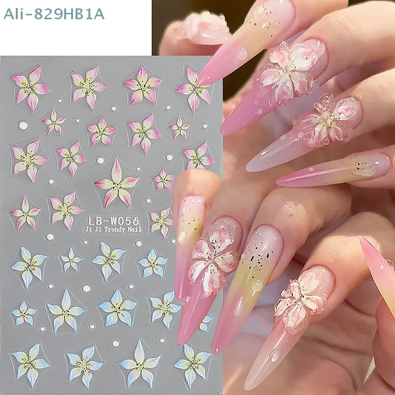 1sheet Pink Lily Flower Nail Sticker Relief 3D Jelly Five Petal Flower Nail Art Decoration Decals Diy Selfadhesive Sliders