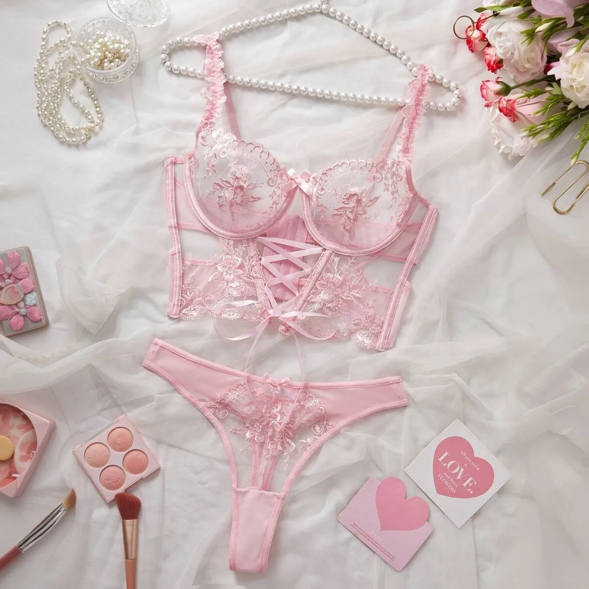 

New 2025 European and American fashion sexy lace seduction hot girl pure desire breathable bra set