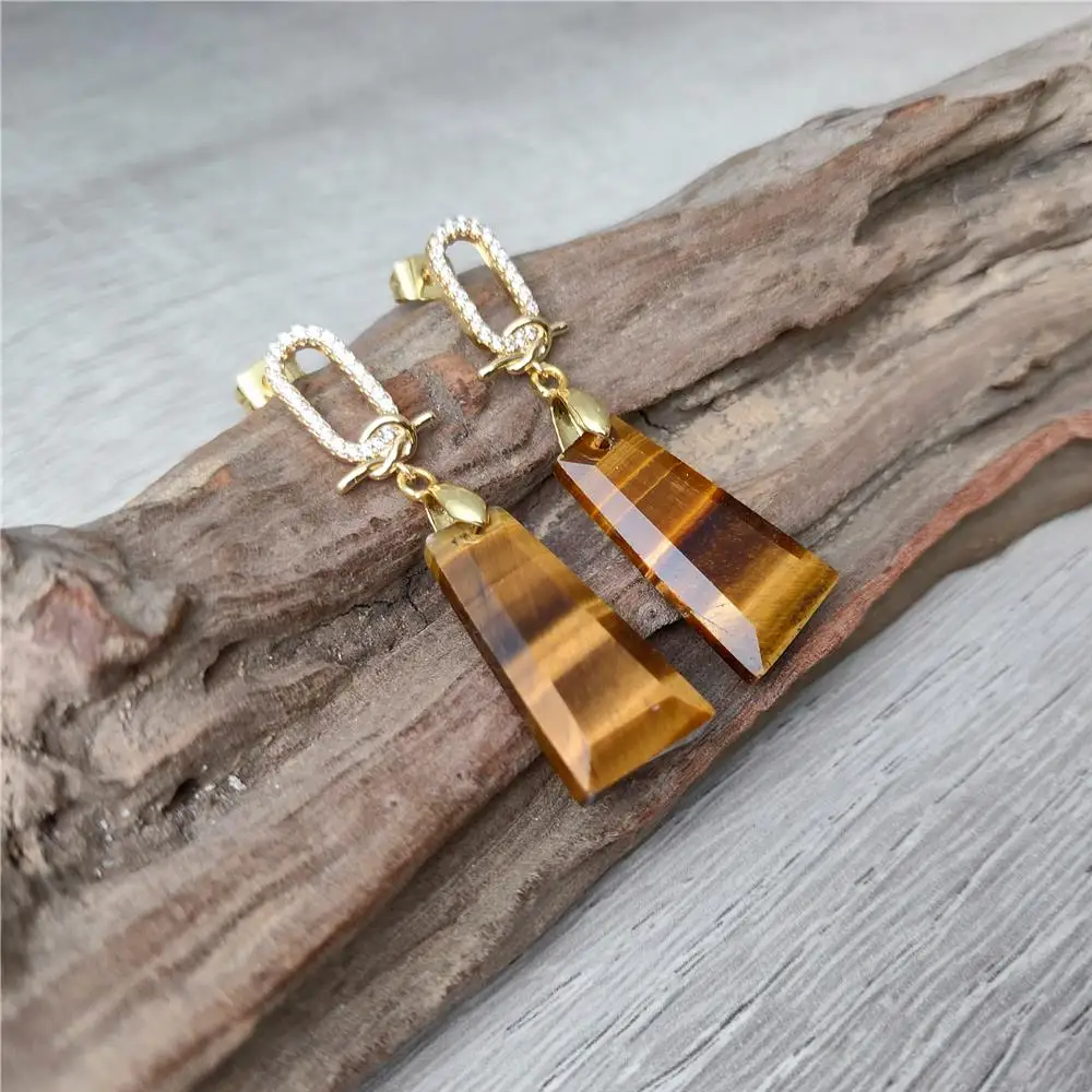 FUWO Wholesale Stunning Cubic Zircon Tiger Eye Earrings,Handcrafted Boho-Chic Jewelry Perfect For Any Occasion 5Pairs/Lot ER472