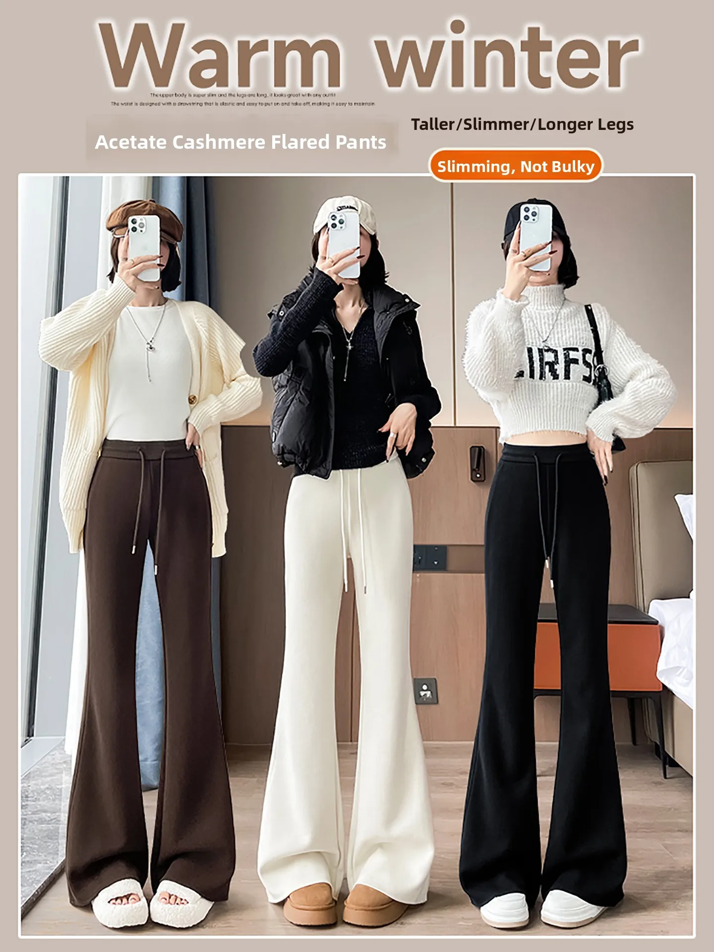 High Waist Fce Lined Thiened Woolen Bell Bot Pants Women's Yoga Pants Autumn Winter White Soft Comfortable Casual Tro...