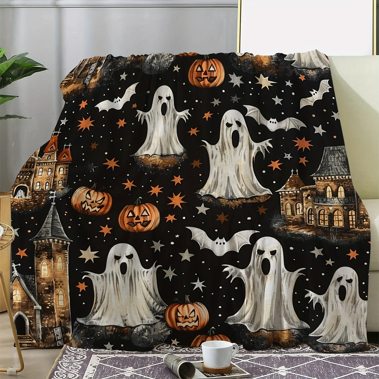 

Cozy Flannel Halloween Blanket with Castle, Ghosts & Bats - Soft, Warm Throw for Couch, Bed, Car, Office, Camping