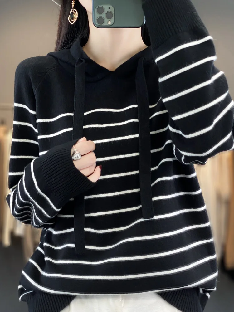 New Striped Wool Hoodies And Sweatshirts For Women Long Sleeve Sweaters Knitted Jumpers Female Outerwears Fashion Hoody Clothing