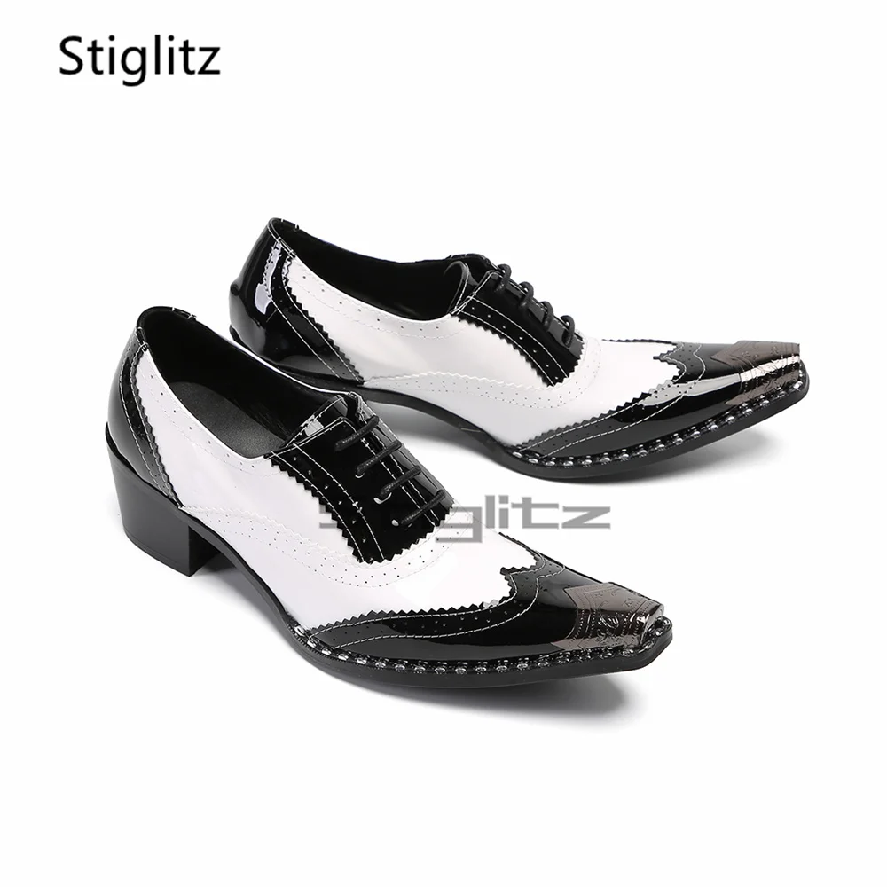 

Black White Business Brogue Shoes for Men Metal Pointed Toe Patchwork Lace Up High Heels Genuine Leather Work Dress Shoes