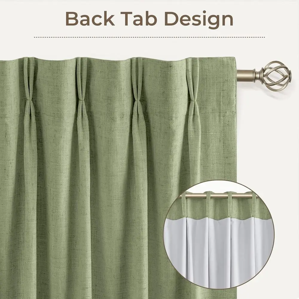 リネン混紡100%遮光カーテン、40x90、20個のフック、2枚セット、セージグリーン、寝室とリビングルーム用
