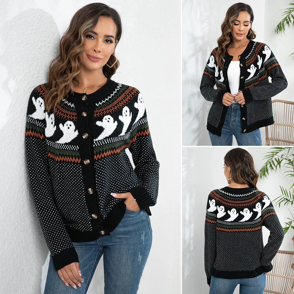 Autumn Winter Halloween Ghost Pattern Womens Vintage Crew Neck Button Front Long Sleeve Cardigan Retro Fashion Staple Sweater