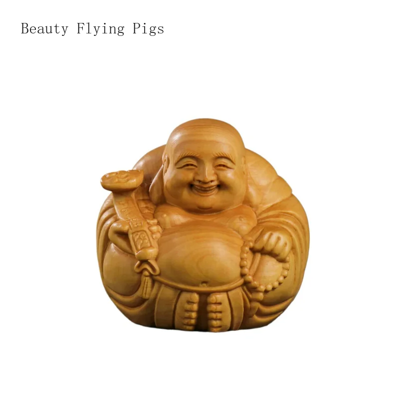 

1PCS Solid Wood Little Monk Buddha Carving Handle Creative Smiling Face Big Belly Maitreya Buddha Crafts Ornament