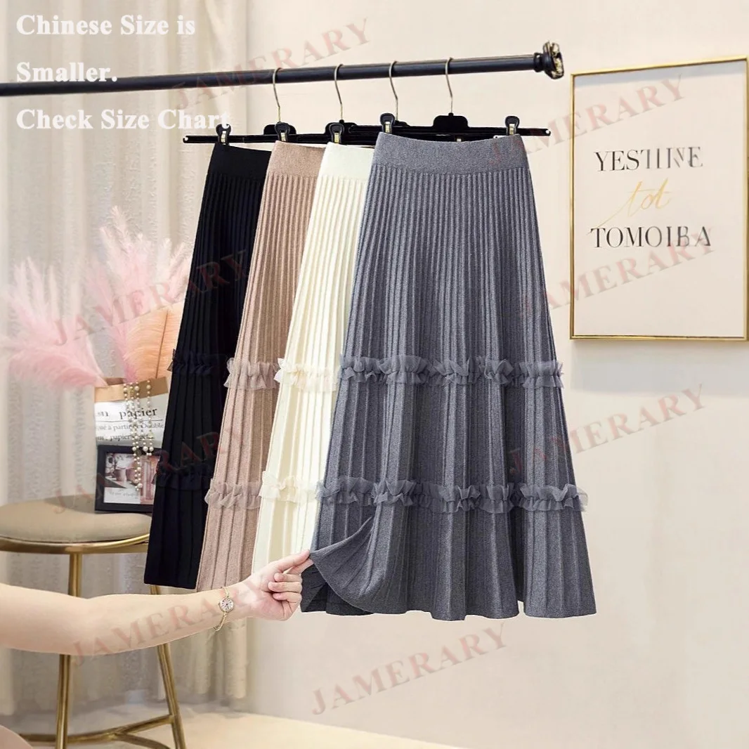 Women's Pleated Skirt Autumn Winter High Waist Umbrella Skirt Covering Flaws Mid-Length Knitted Skirt Mesh Splicing A-Line Skirt